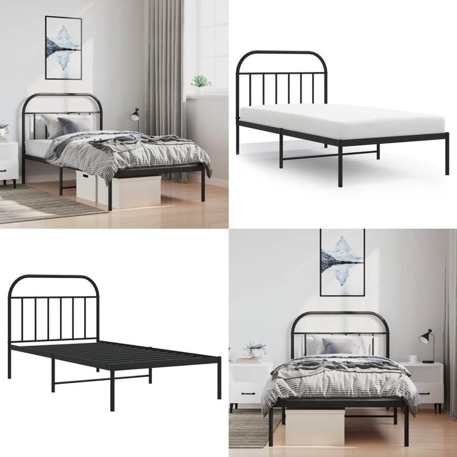 VidaXL Bedframe met hoofdbord metaal zwart 100x190 cm Bedframe Bedframes Eenpersoonsbed Bed