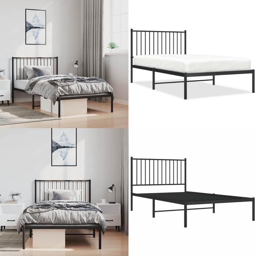 VidaXL Bedframe met hoofdbord metaal zwart 100x190 cm Bedframe Bedframes Eenpersoonsbed Bed