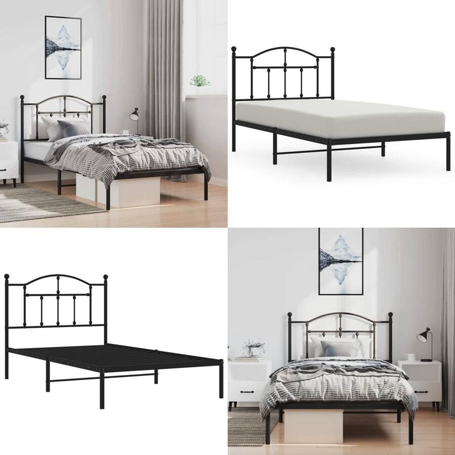 VidaXL Bedframe met hoofdbord metaal zwart 100x190 cm Bedframe Bedframes Eenpersoonsbed Bed