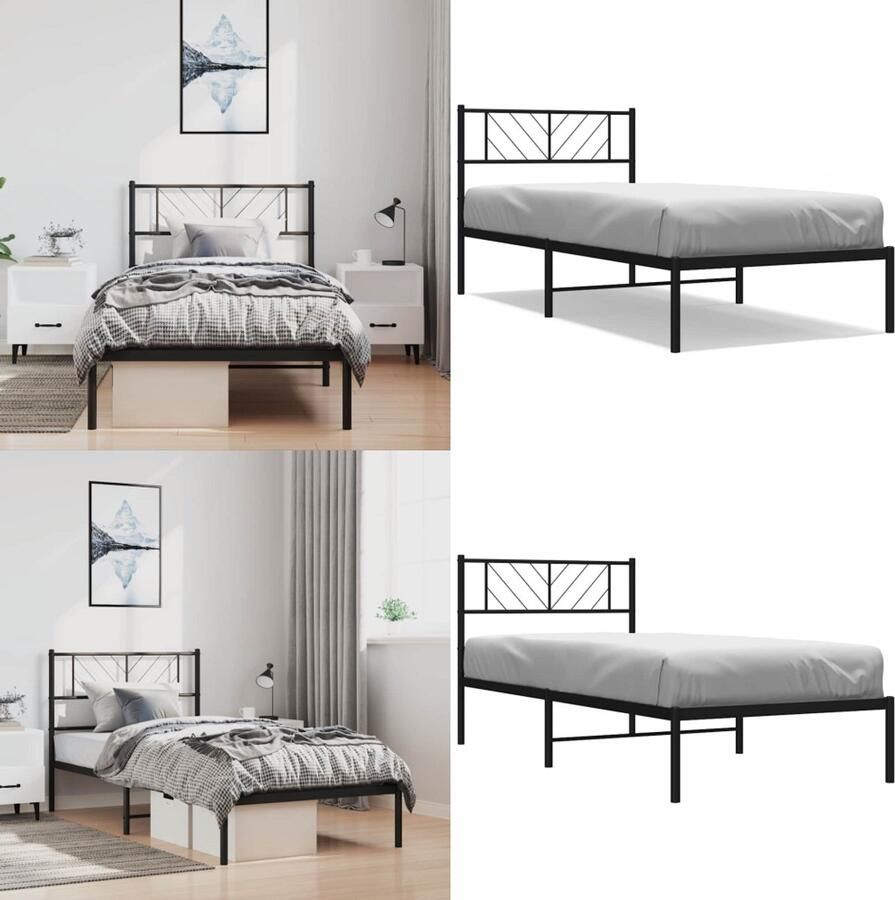 VidaXL Bedframe met hoofdbord metaal zwart 100x190 cm Bedframe Bedframes Eenpersoonsbed Bed