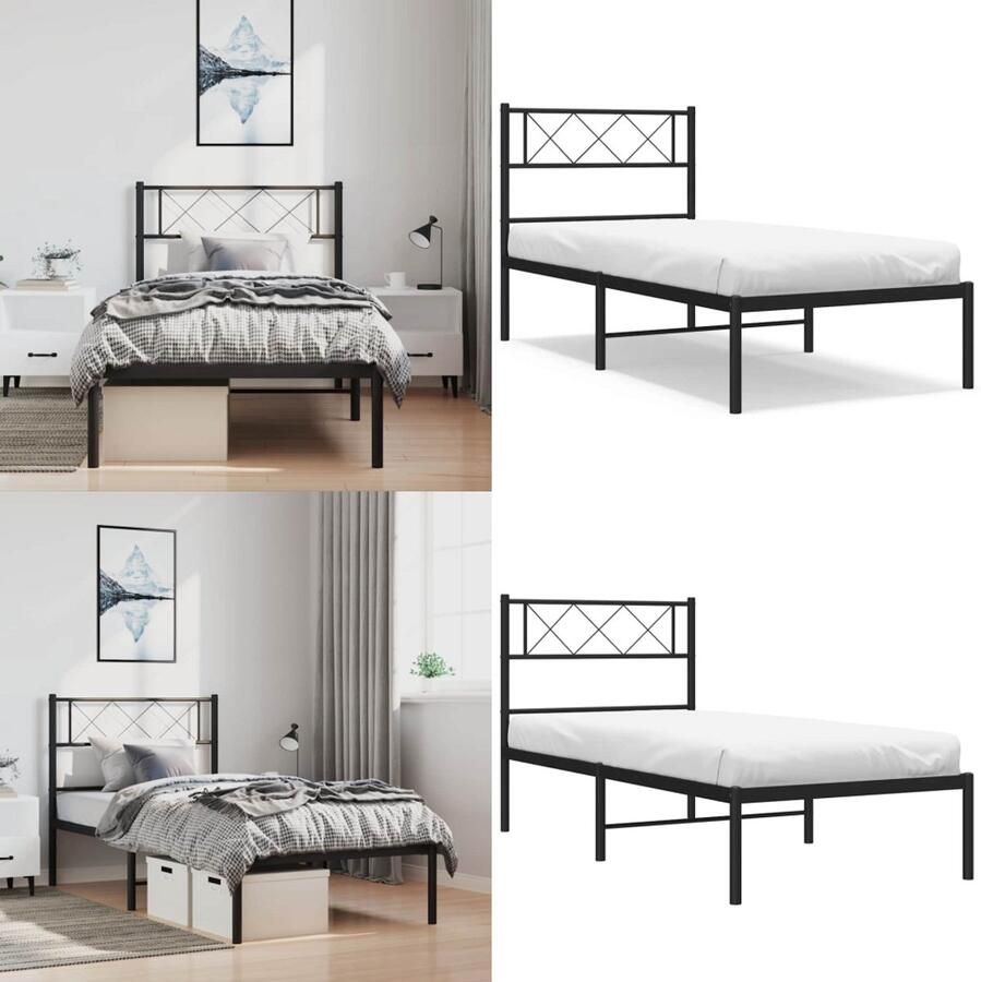 VidaXL Bedframe met hoofdbord metaal zwart 100x190 cm Bedframe Bedframes Eenpersoonsbed Bed