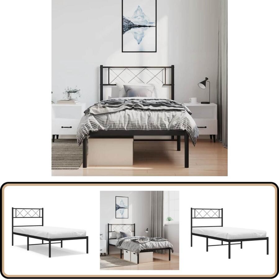 VidaXL Bedframe met hoofdbord Metaal Zwart 100x190 cm Metalen Bed Frame Klassiek Bed Zwarte Bedframe Eenpersoonsbed Boxspring Bed