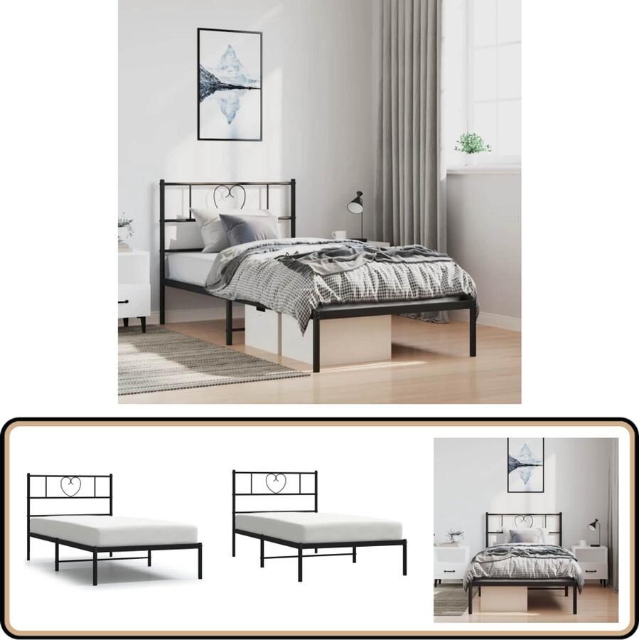 VidaXL Bedframe met hoofdbord Metaal Zwart 100x190 cm Robuust Bed Frame Klassiek Bedframe Metalen Bedframe Zwarte Bedframe Staal Bedframe