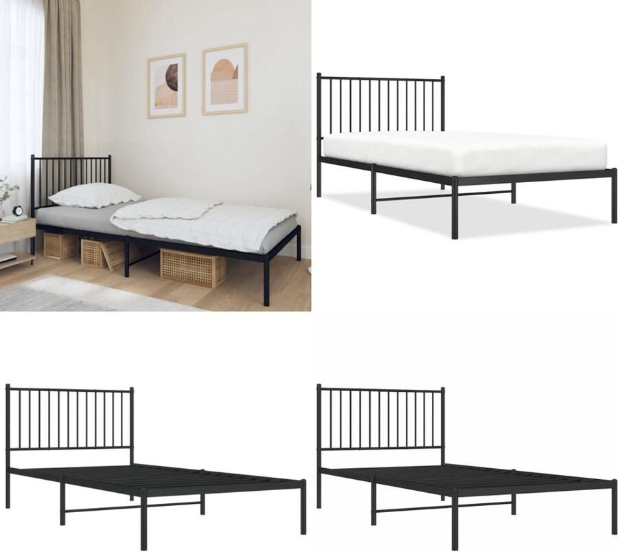 VidaXL Bedframe met hoofdbord metaal zwart 100x200 cm Bedframe Bedframes Eenpersoonsbed Bed