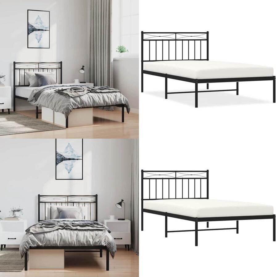 VidaXL Bedframe met hoofdbord metaal zwart 100x200 cm Bedframe Bedframes Eenpersoonsbed Bed