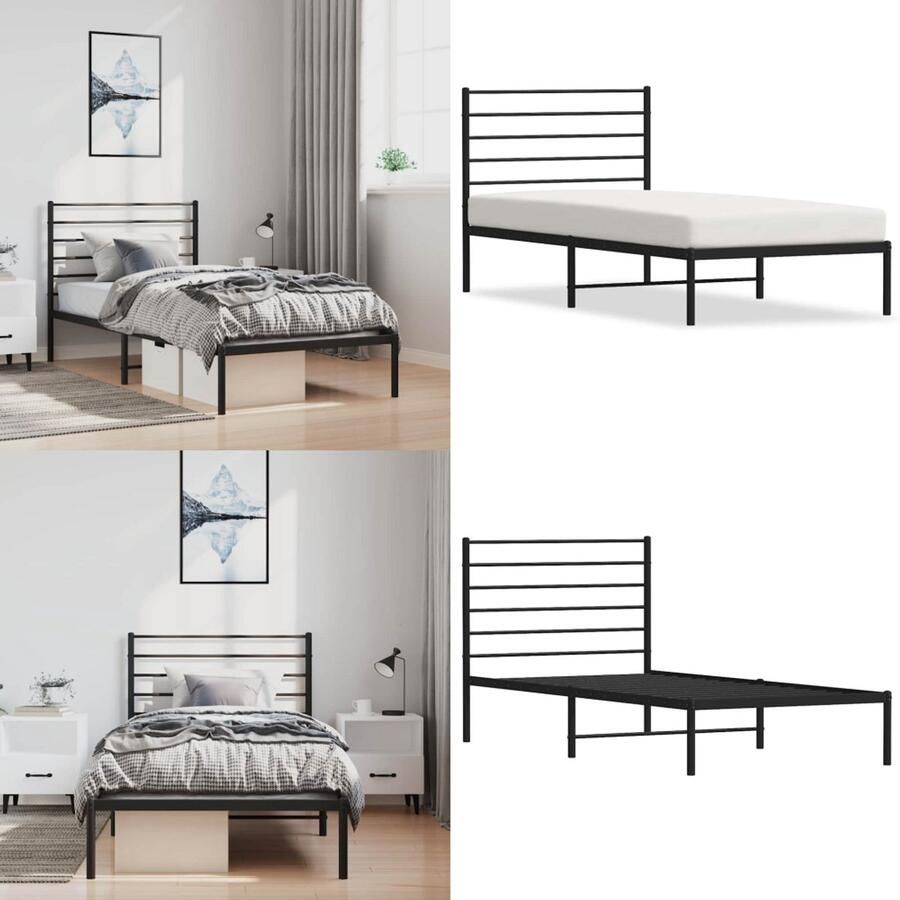 VidaXL Bedframe met hoofdbord metaal zwart 100x200 cm Bedframe Bedframes Eenpersoonsbed Bed