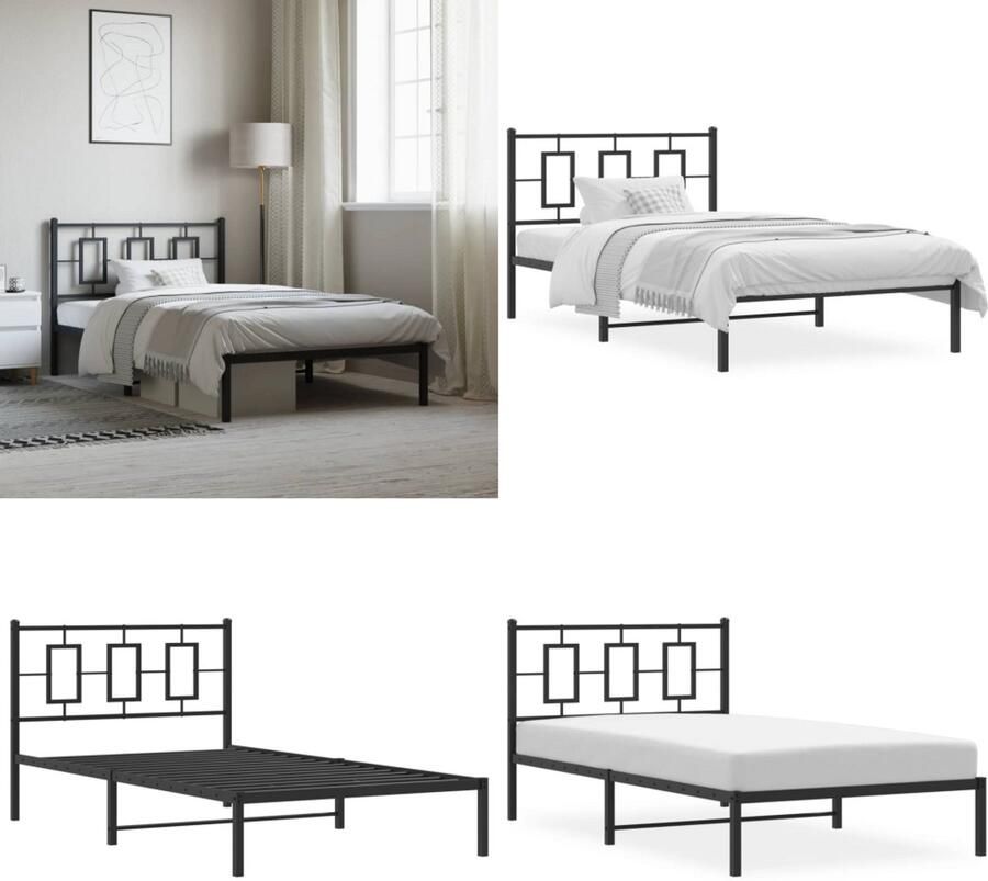 VidaXL Bedframe met hoofdbord metaal zwart 107x203 cm Bedframe Bedframes Bed Bedbodem