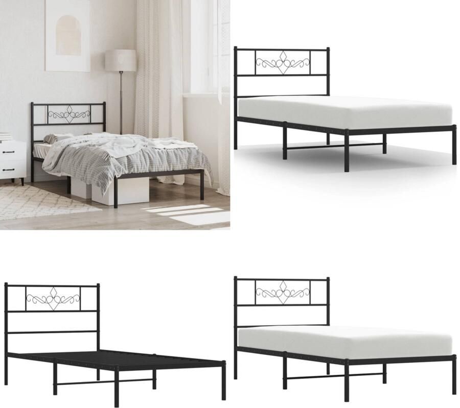 VidaXL Bedframe met hoofdbord metaal zwart 107x203 cm Bedframe Bedframes Bed Bedbodem