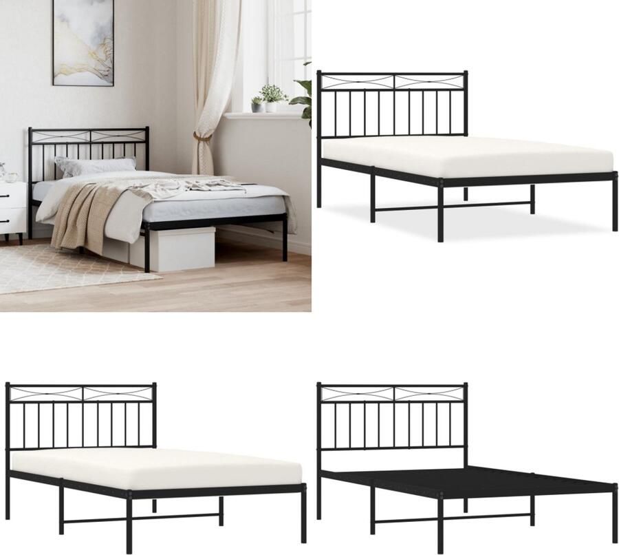 VidaXL Bedframe met hoofdbord metaal zwart 107x203 cm Bedframe Bedframes Eenpersoonsbed Bed