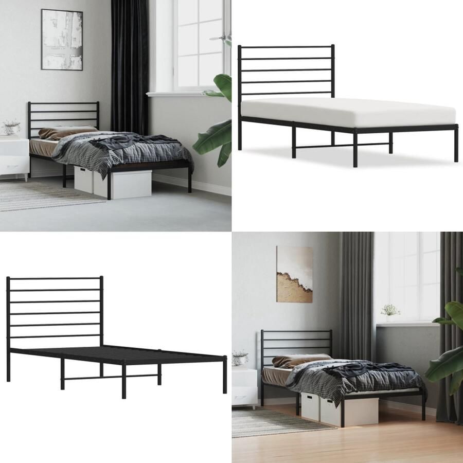 VidaXL Bedframe met hoofdbord metaal zwart 107x203 cm Bedframe Bedframes Eenpersoonsbed Bed