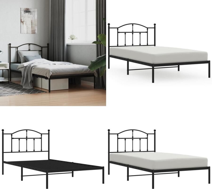 VidaXL Bedframe met hoofdbord metaal zwart 107x203 cm Bedframe Bedframes Eenpersoonsbed Bed