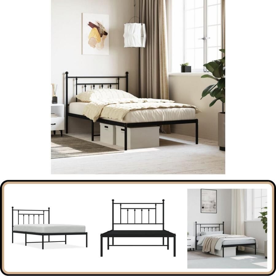 VidaXL Bedframe Met hoofdbord Metaal Zwart 107x203 cm Robuust Bed Frame Klassiek Bedframe Metalen Bedframe Zwarte Bedframe Tweepersoons Bed