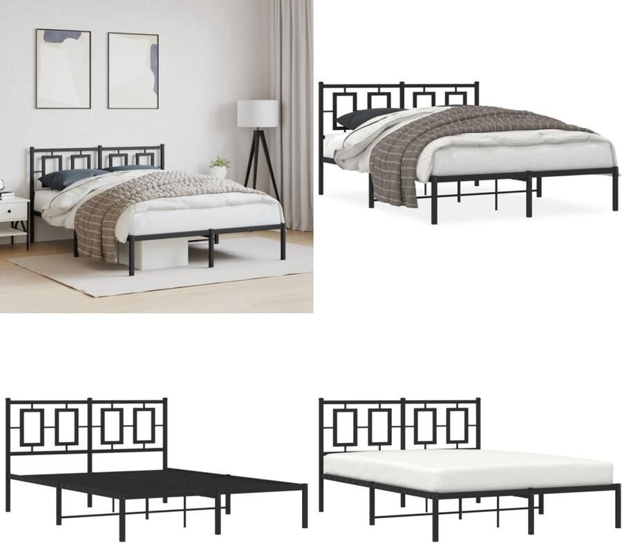 VidaXL Bedframe met hoofdbord metaal zwart 135x190 cm Bedframe Bedframes Bed Bedbodem