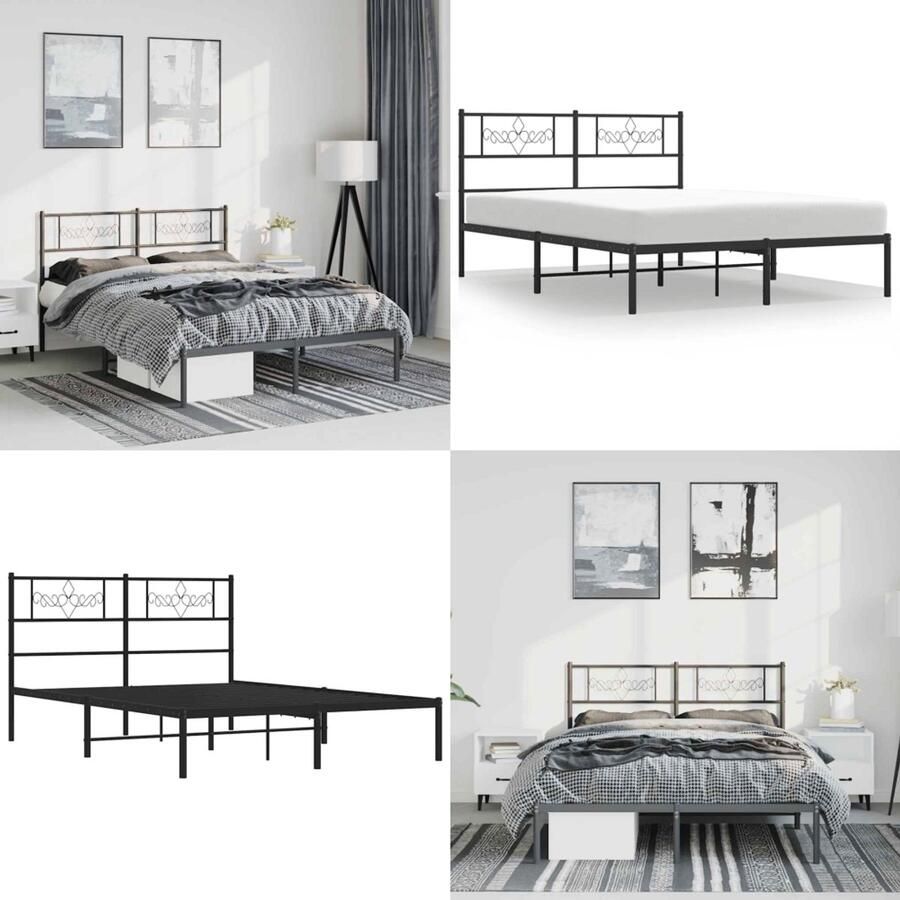 VidaXL Bedframe met hoofdbord metaal zwart 135x190 cm Bedframe Bedframes Bed Bedbodem