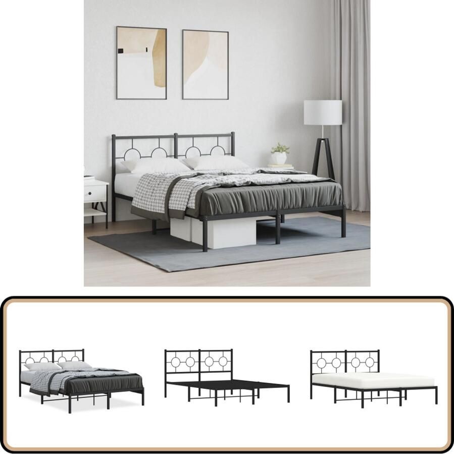 VidaXL Bedframe met hoofdbord metaal zwart 135x190 cm