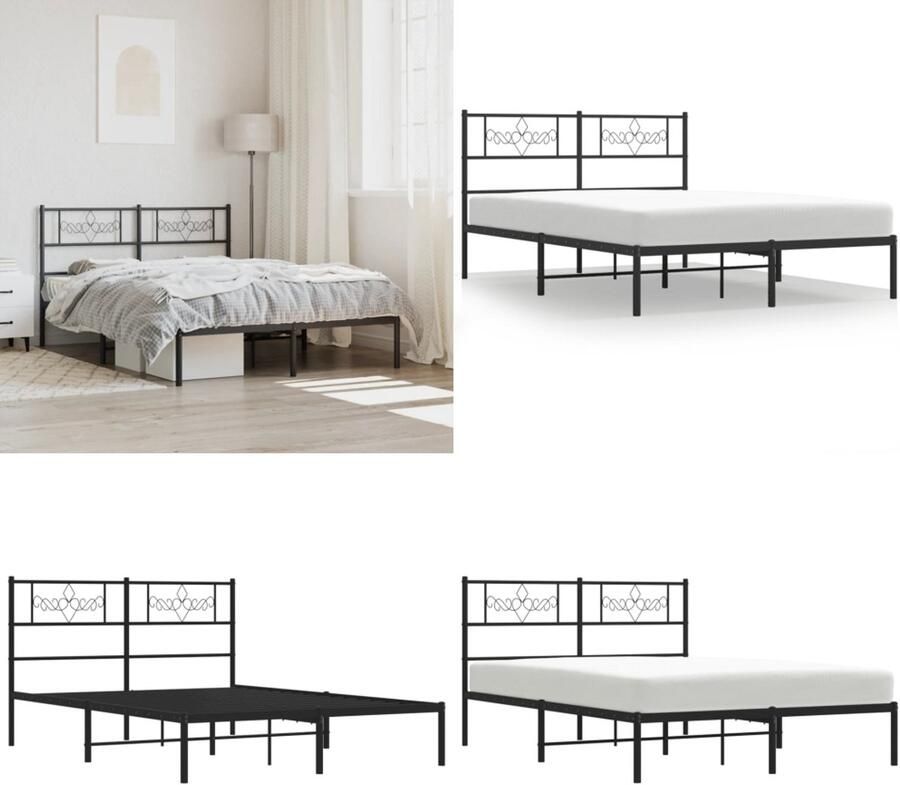 VidaXL Bedframe met hoofdbord metaal zwart 140x190 cm Bedframe Bedframes -bed Bedbodem