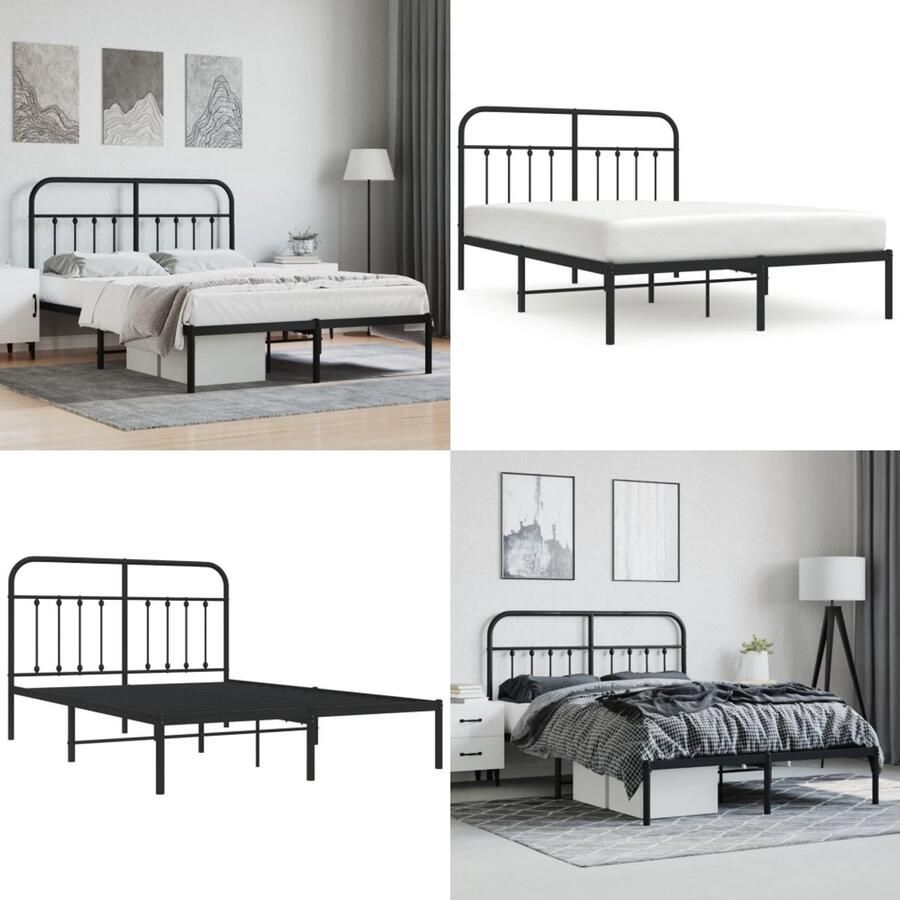 VidaXL Bedframe met hoofdbord metaal zwart 140x190 cm Bedframe Bedframes Tweepersoonsbed Bed