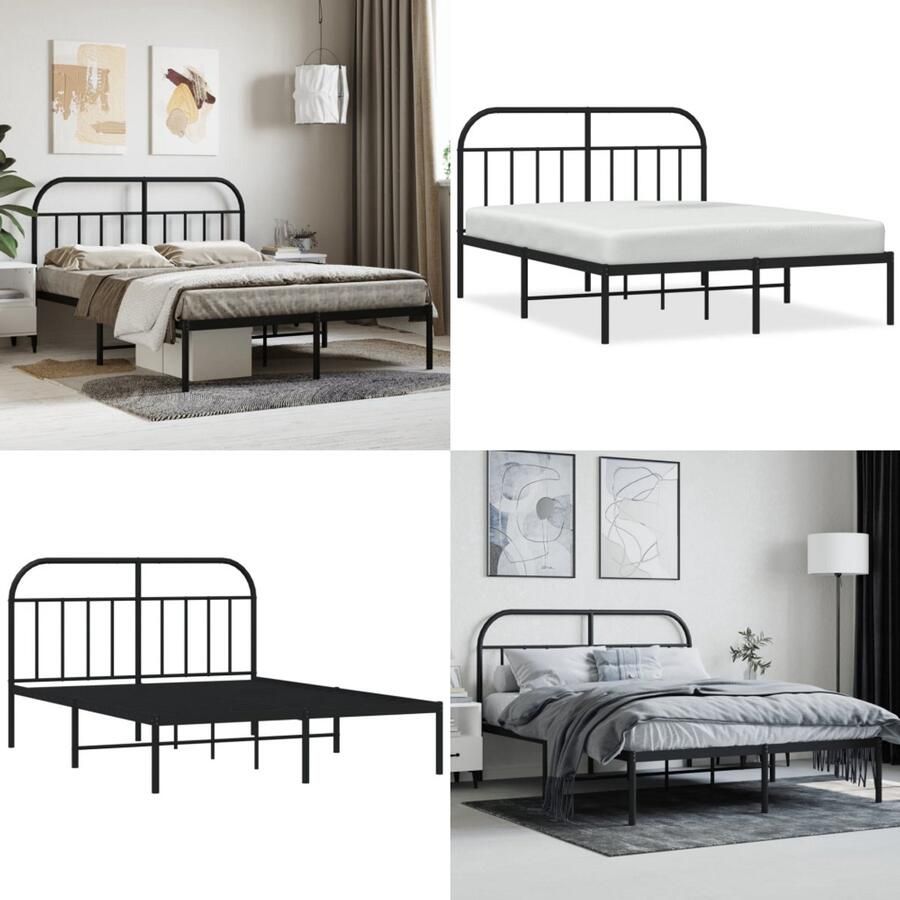 VidaXL Bedframe met hoofdbord metaal zwart 140x190 cm Bedframe Bedframes Tweepersoonsbed Bed