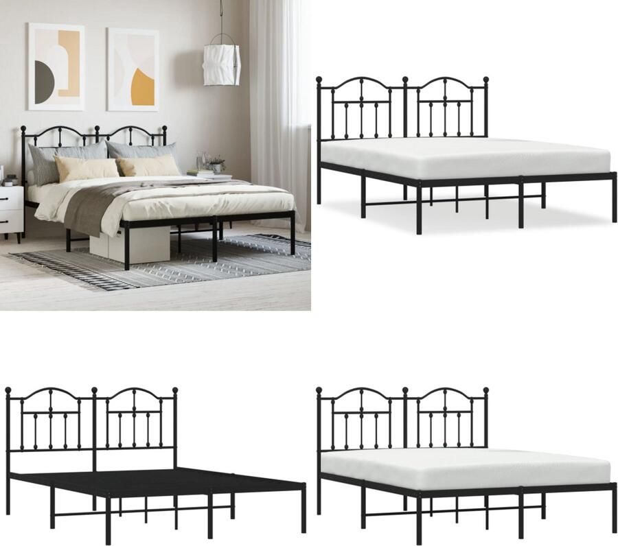 VidaXL Bedframe met hoofdbord metaal zwart 140x190 cm Bedframe Bedframes Tweepersoonsbed Bed