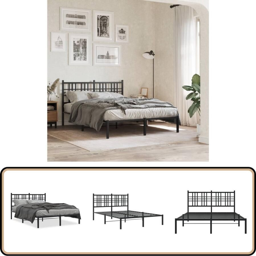 VidaXL Bedframe met hoofdbord metaal zwart 140x190 cm