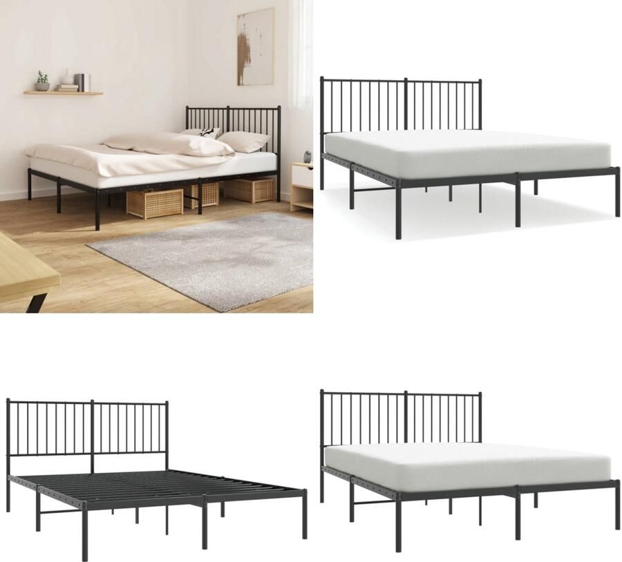 VidaXL Bedframe met hoofdbord metaal zwart 140x200 cm Bedframe Bedframes Tweepersoonsbed Bed