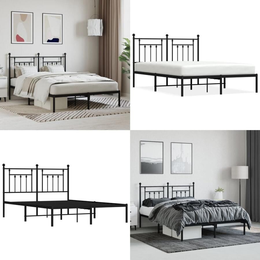 VidaXL Bedframe met hoofdbord metaal zwart 140x200 cm Bedframe Bedframes Tweepersoonsbed Bed