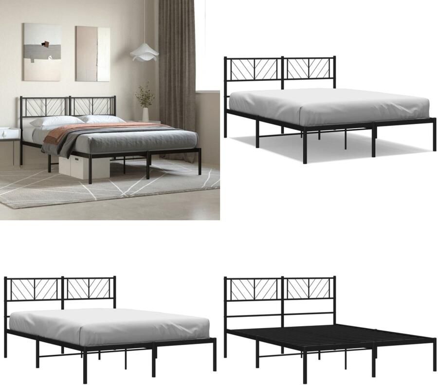 VidaXL Bedframe met hoofdbord metaal zwart 140x200 cm Bedframe Bedframes Tweepersoonsbed Bed