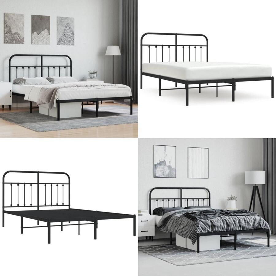 VidaXL Bedframe met hoofdbord metaal zwart 140x200 cm Bedframe Bedframes Tweepersoonsbed Bed