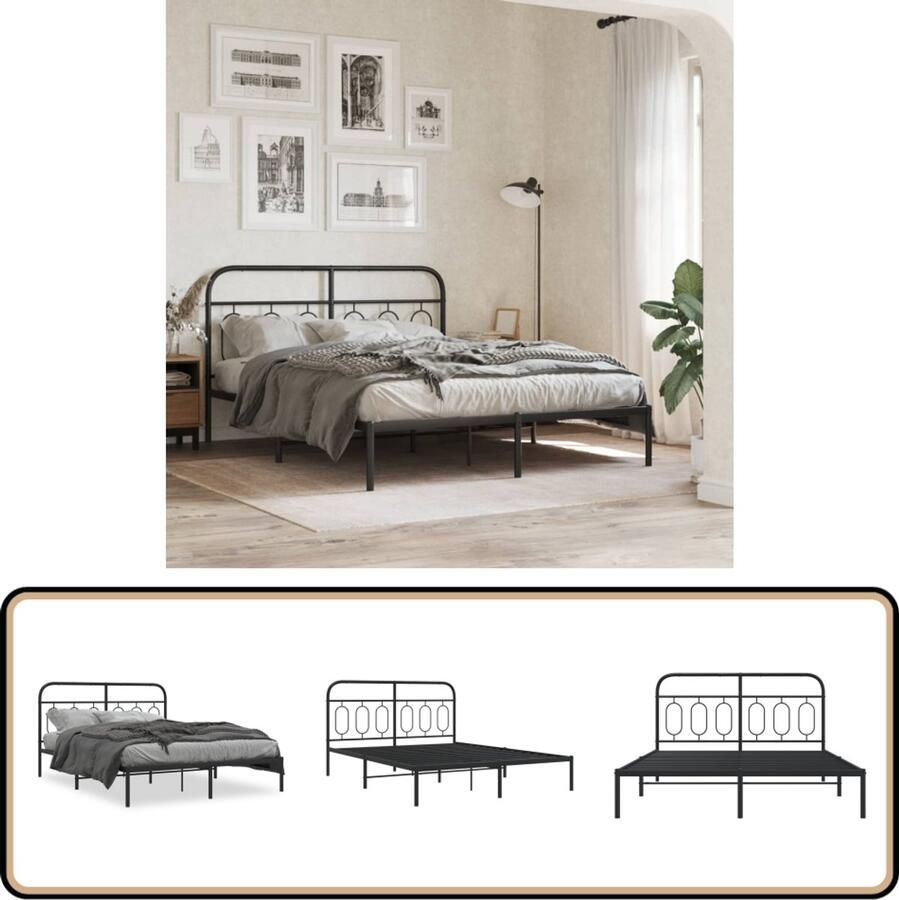 VidaXL Bedframe met hoofdbord metaal zwart 140x200 cm
