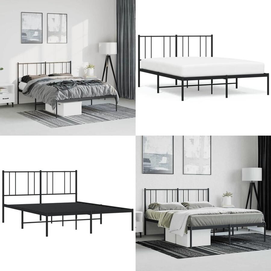 VidaXL Bedframe met hoofdbord metaal zwart 150x200 cm Bedframe Bedframes Tweepersoonsbed Bed