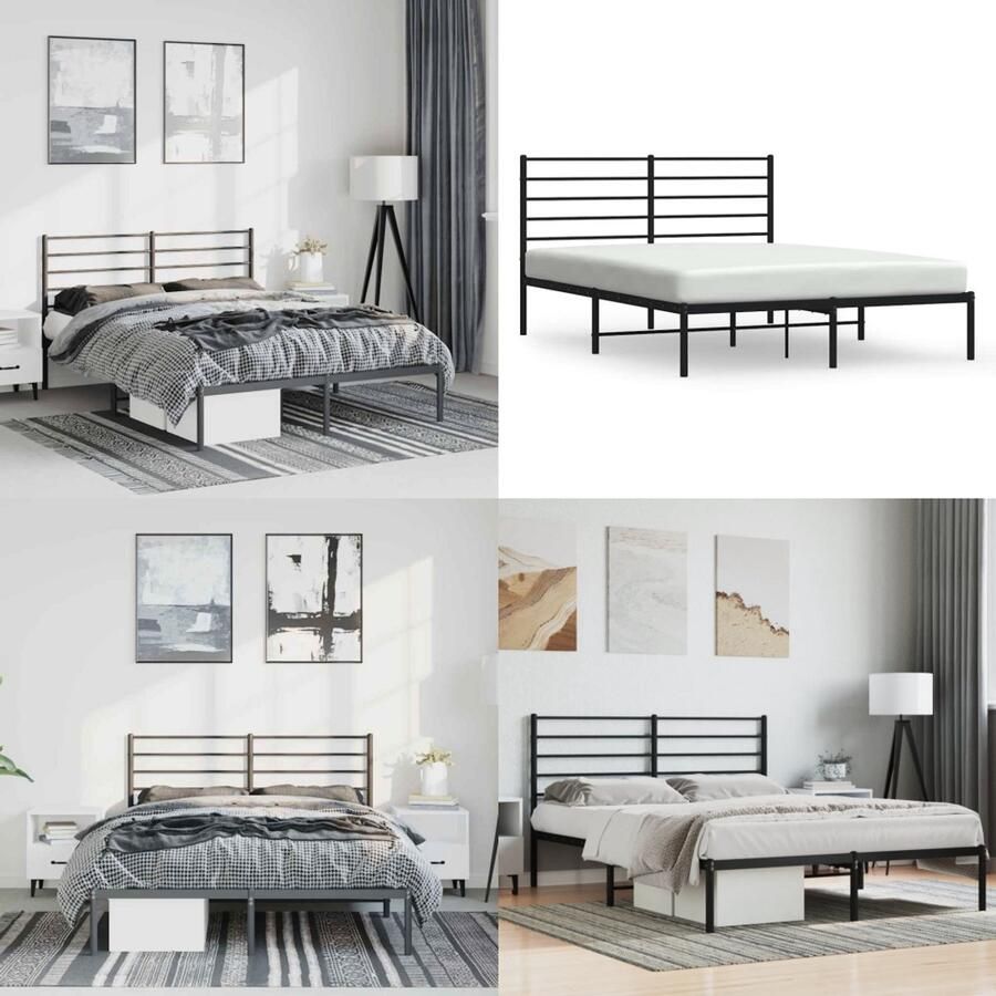 VidaXL Bedframe met hoofdbord metaal zwart 150x200 cm Bedframe Bedframes Tweepersoonsbed Bed