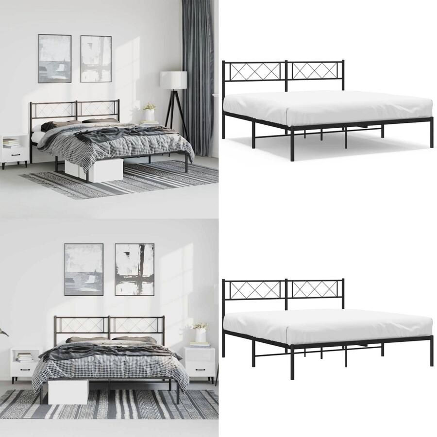 VidaXL Bedframe met hoofdbord metaal zwart 150x200 cm Bedframe Bedframes Tweepersoonsbed Bed