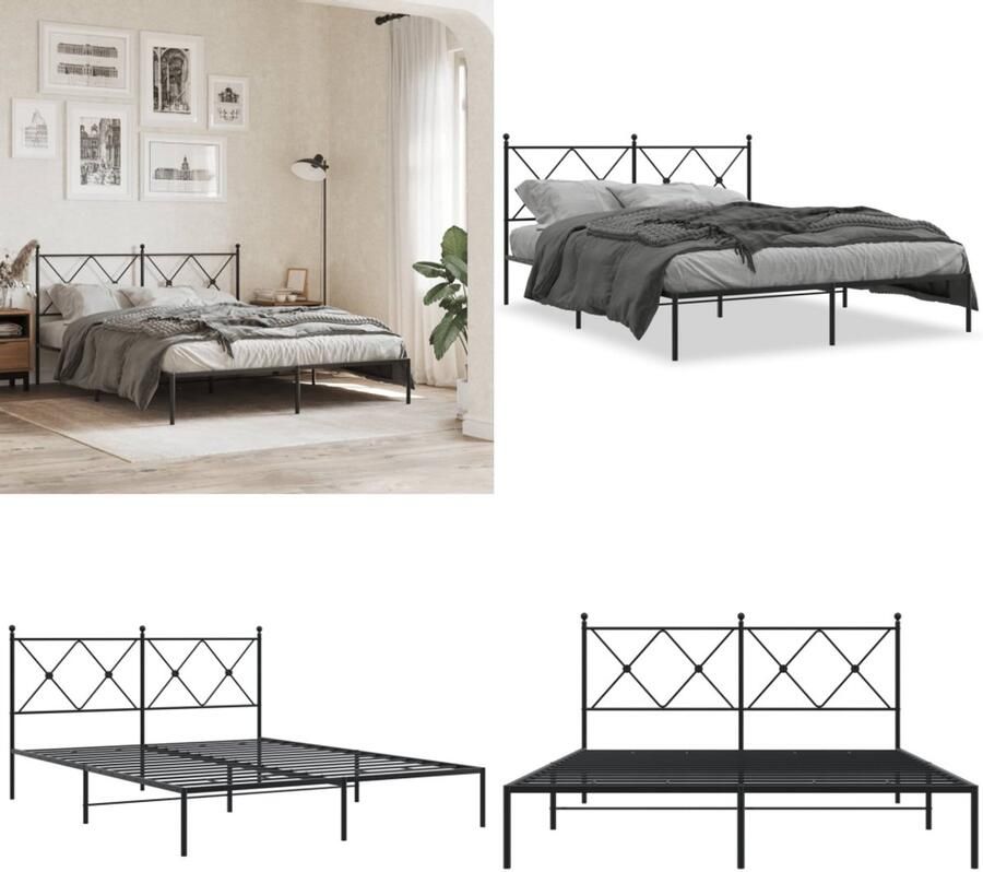 VidaXL Bedframe met hoofdbord metaal zwart 150x200 cm Bedframe Bedframes Tweepersoonsbed Bed