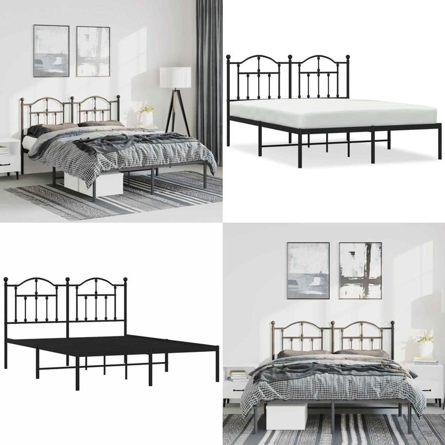 VidaXL Bedframe met hoofdbord metaal zwart 150x200 cm Bedframe Bedframes Tweepersoonsbed Bed