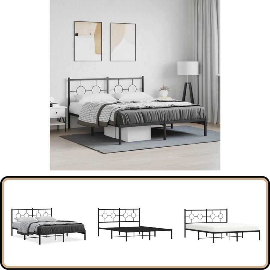 VidaXL Bedframe met hoofdbord metaal zwart 150x200 cm