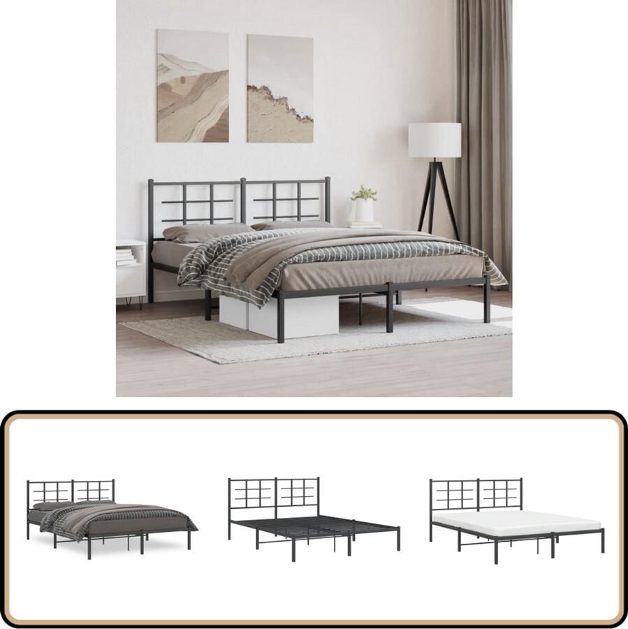 VidaXL Bedframe met hoofdbord metaal zwart 150x200 cm