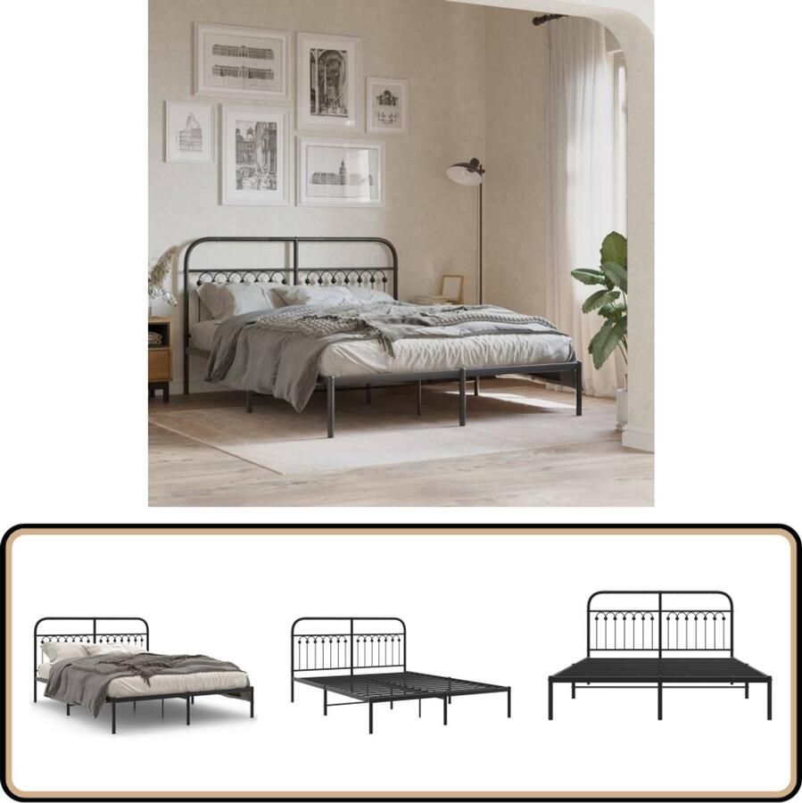 VidaXL Bedframe met hoofdbord metaal zwart 150x200 cm