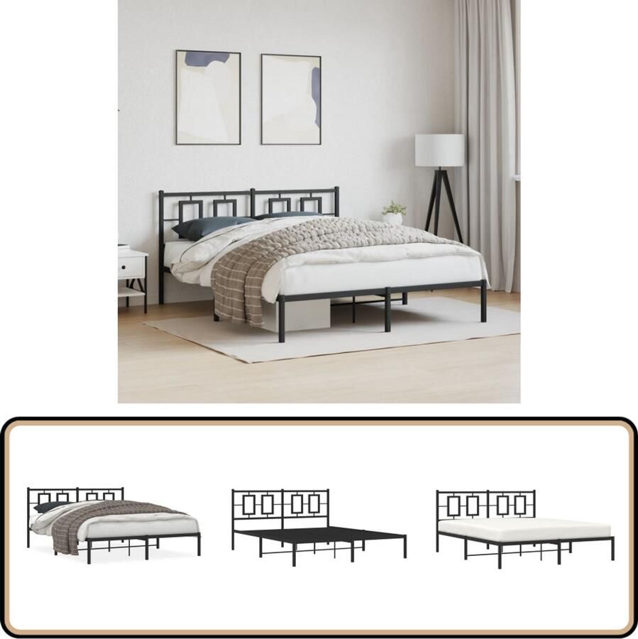 VidaXL Bedframe met hoofdbord metaal zwart 150x200 cm