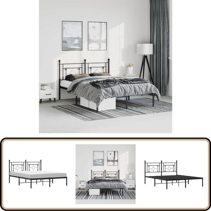 VidaXL Bedframe met hoofdbord metaal zwart 150x200 cm
