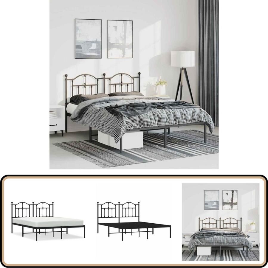 VidaXL Bedframe met hoofdbord Metaal Zwart 150x200 cm Metalen Bed Frame Slaapcomfort Tweepersoons Bed Boxspring Bed Zwarte Bed