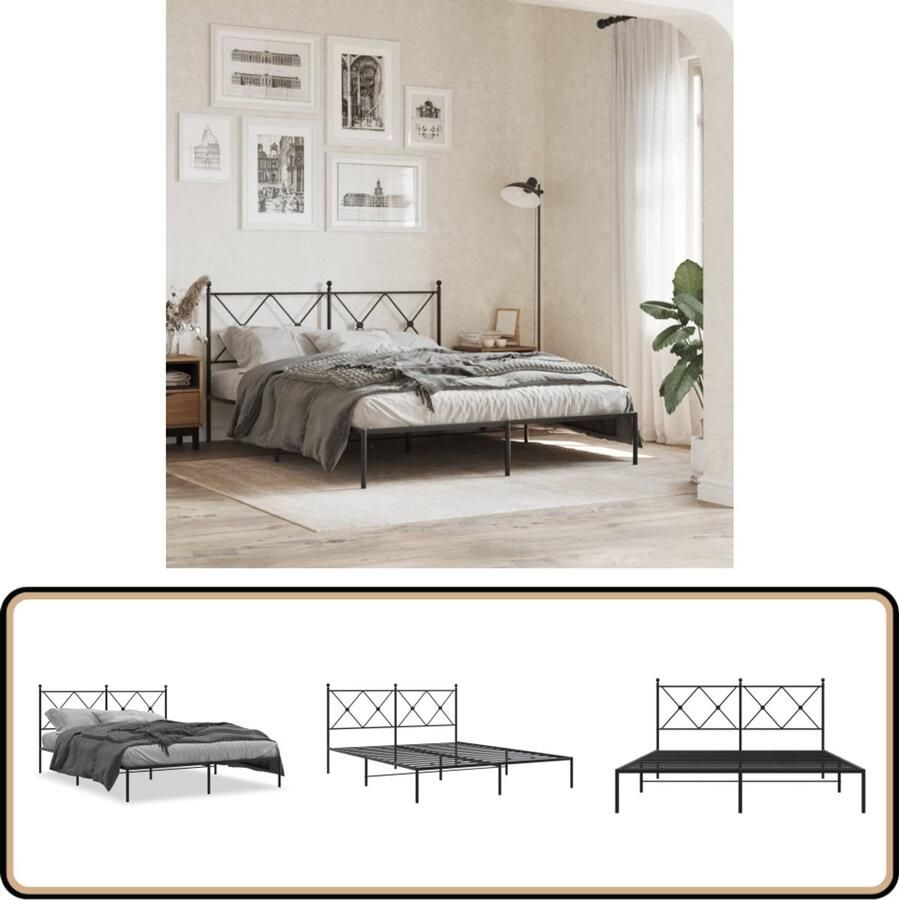 VidaXL Bedframe met hoofdbord metaal zwart 150x200 cm Stijlvol Bedframe Modern Bedframe Staal Bedframe Zwart Bedframe Tweepersoons Bedframe