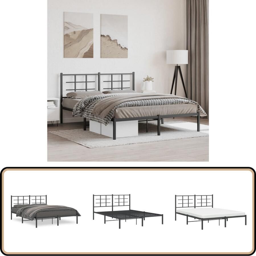 VidaXL Bedframe met hoofdbord metaal zwart 160x200 cm