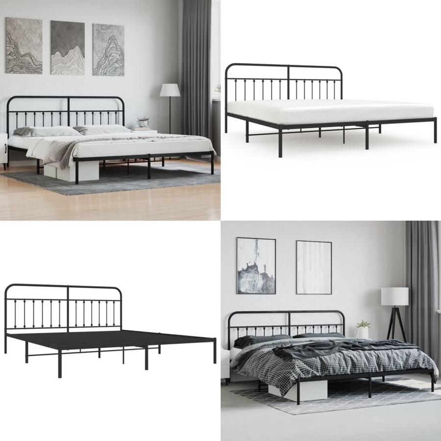 VidaXL Bedframe met hoofdbord metaal zwart 200x200 cm Bedframe Bedframes Tweepersoonsbed Bed
