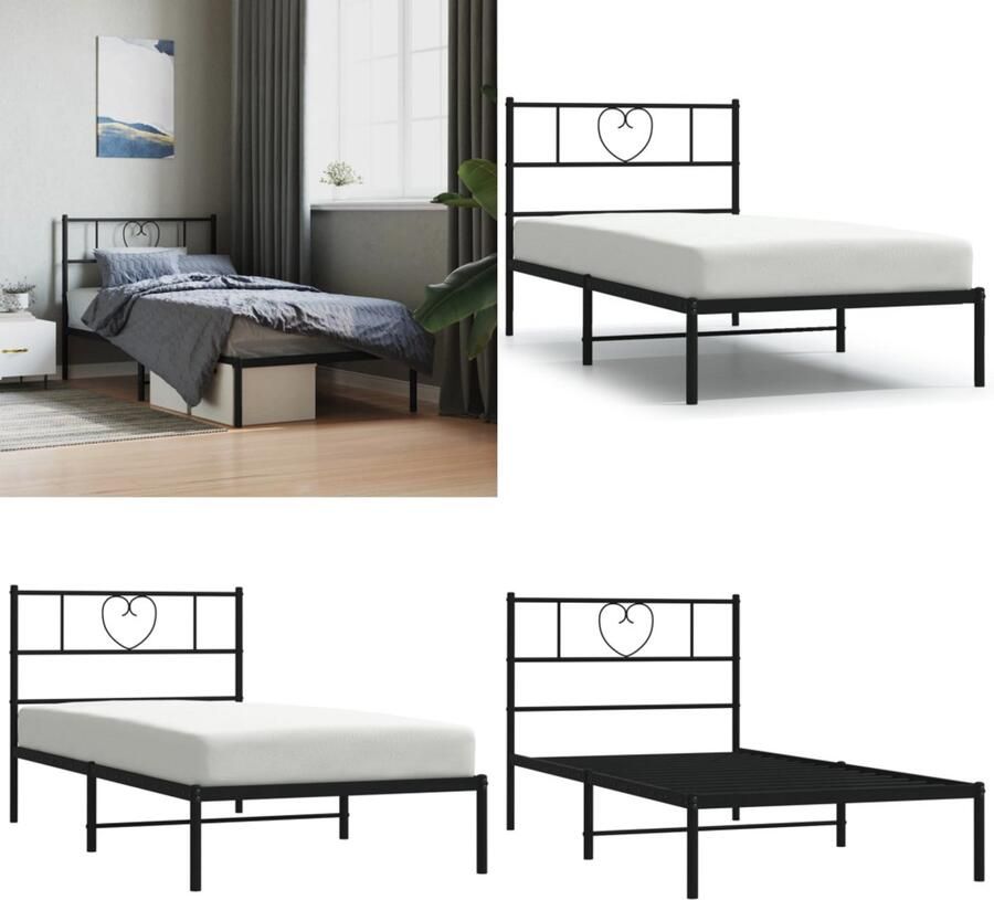 VidaXL Bedframe met hoofdbord metaal zwart 75x190 cm Bedframe Bedframes Bed Bedbodem