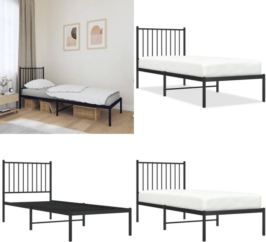 VidaXL Bedframe met hoofdbord metaal zwart 75x190 cm Bedframe Bedframes Eenpersoonsbed Bed