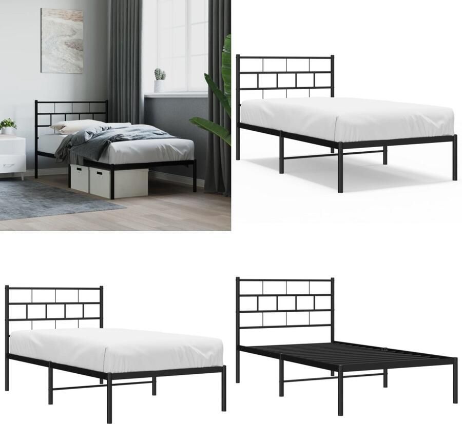 VidaXL Bedframe met hoofdbord metaal zwart 75x190 cm Bedframe Bedframes Eenpersoonsbed Bed - Foto 2