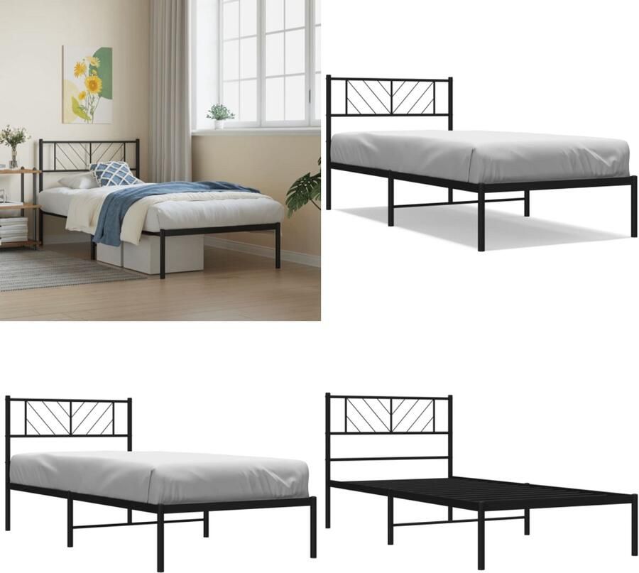 VidaXL Bedframe met hoofdbord metaal zwart 75x190 cm Bedframe Bedframes Eenpersoonsbed Bed