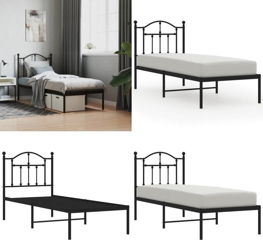 VidaXL Bedframe met hoofdbord metaal zwart 75x190 cm Bedframe Bedframes Eenpersoonsbed Bed