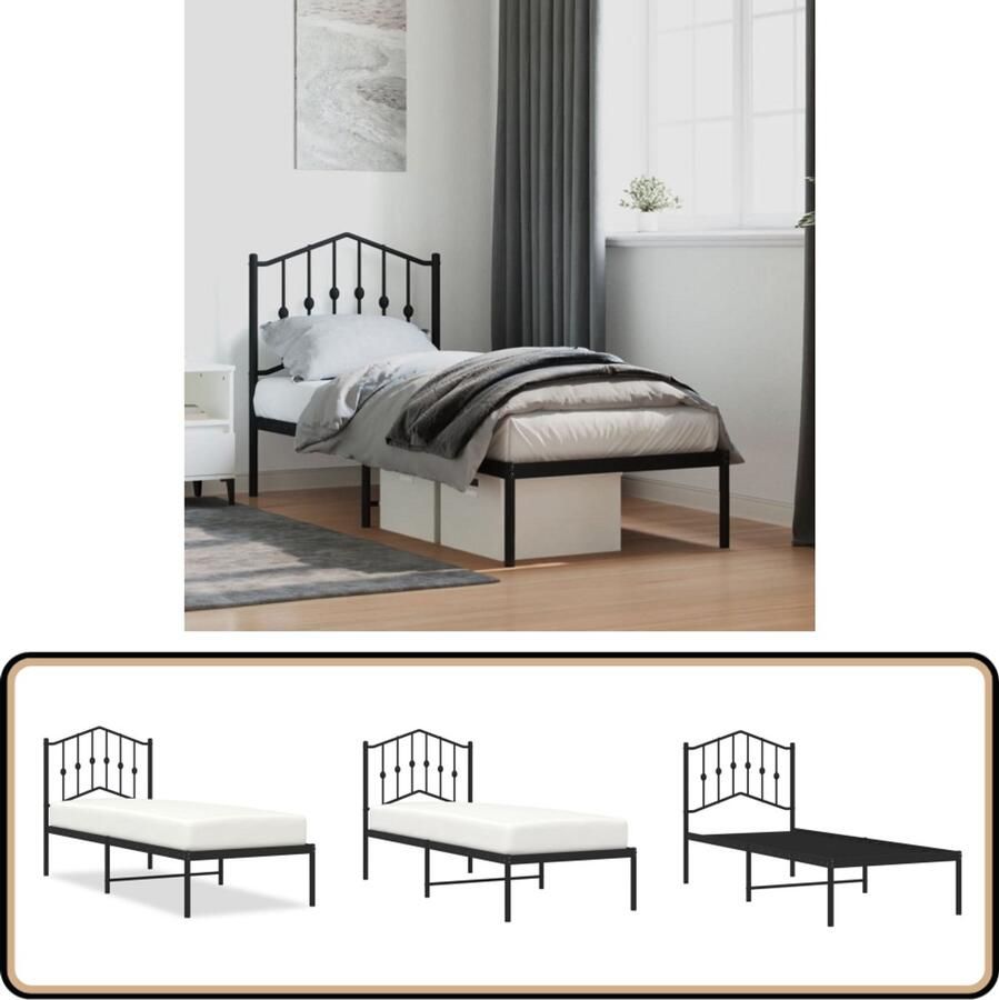VidaXL Bedframe met hoofdbord metaal zwart 75x190 cm