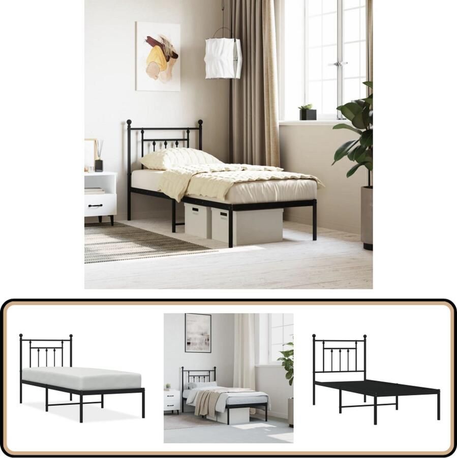 VidaXL Bedframe met hoofdbord metaal zwart 75x190 cm